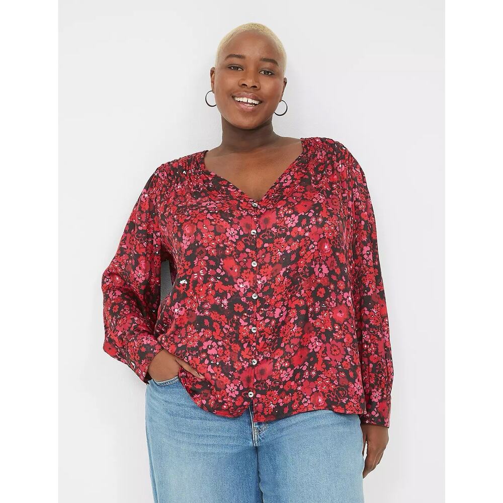 Lane Bryant Black Red Floral Button Front Satin‎ Blouse NEW Womens Plus 26/28